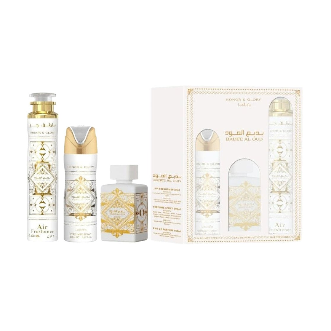Уцінка! Парфумований набір унісекс Lattafa Perfumes Bade'e Al Oud Honor &amp; Glory Set (парфумована вода, 100 мл + дезодорант, 200 мл + освіжувач, 300 мл)