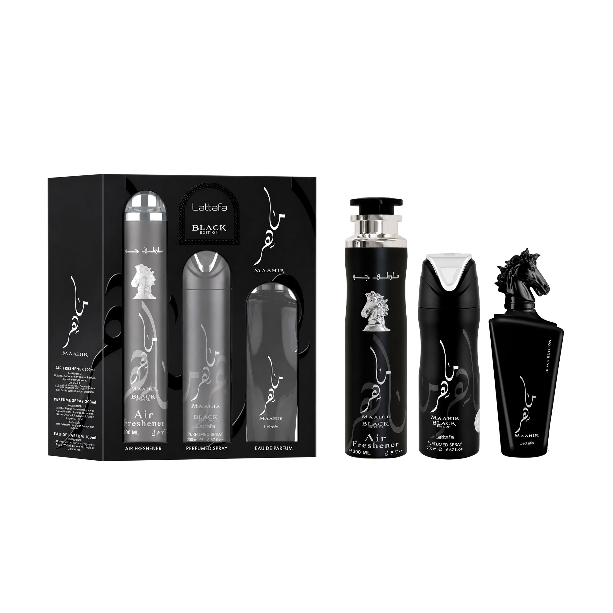 Уцінка! Парфумований набір унісекс Lattafa Perfumes Maahir Black Set (парфумована вода, 100 мл + дезодорант, 200 мл + освіжувач, 300 мл)