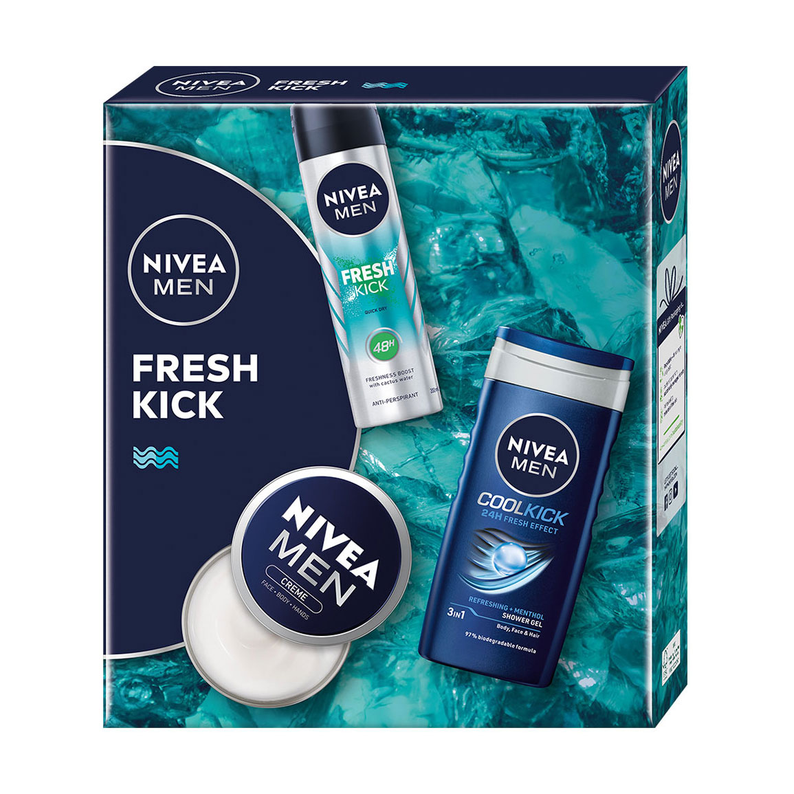 Уцінка! Подарунковий набір чоловічий NIVEA MEN Fresh Kick (гель для душу, 250 мл + антиперспірант-спрей, 150 мл + крем для обличчя, 75 мл)