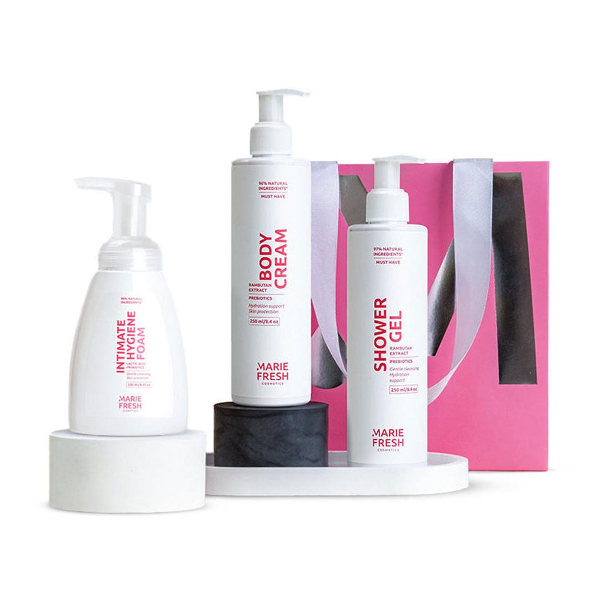 Уцінка! Подарунковий набір для тіла Marie Fresh Cosmetics Gentle Body Care (пінка для інтимної гігієни, 250 мл + гель для душу, 250 мл + крем, 250 мл)