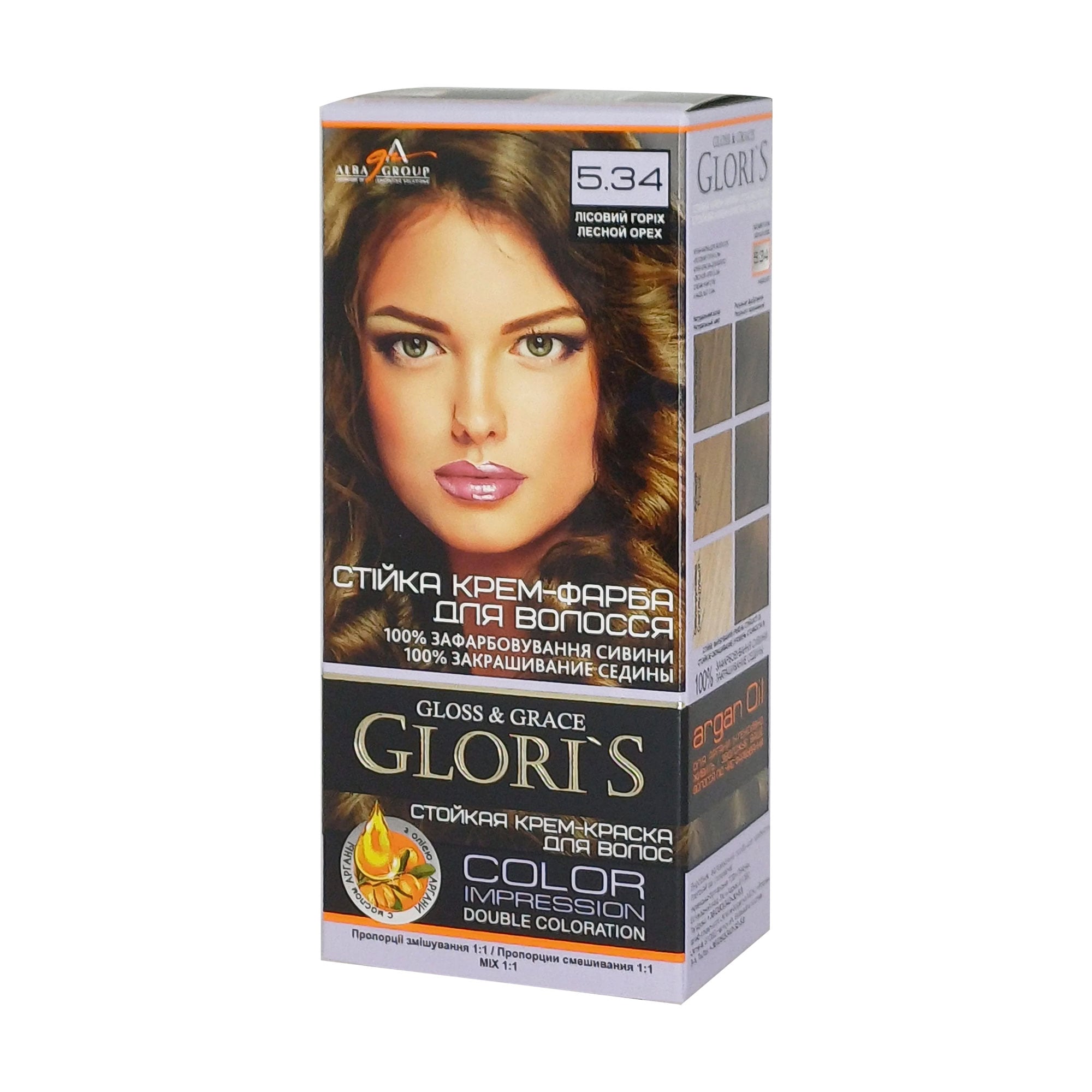 Уцінка! Стійка крем-фарба для волосся Glori's Gloss &amp; Grace для двох застосувань 5.34 Лісовий горіх, 130 мл