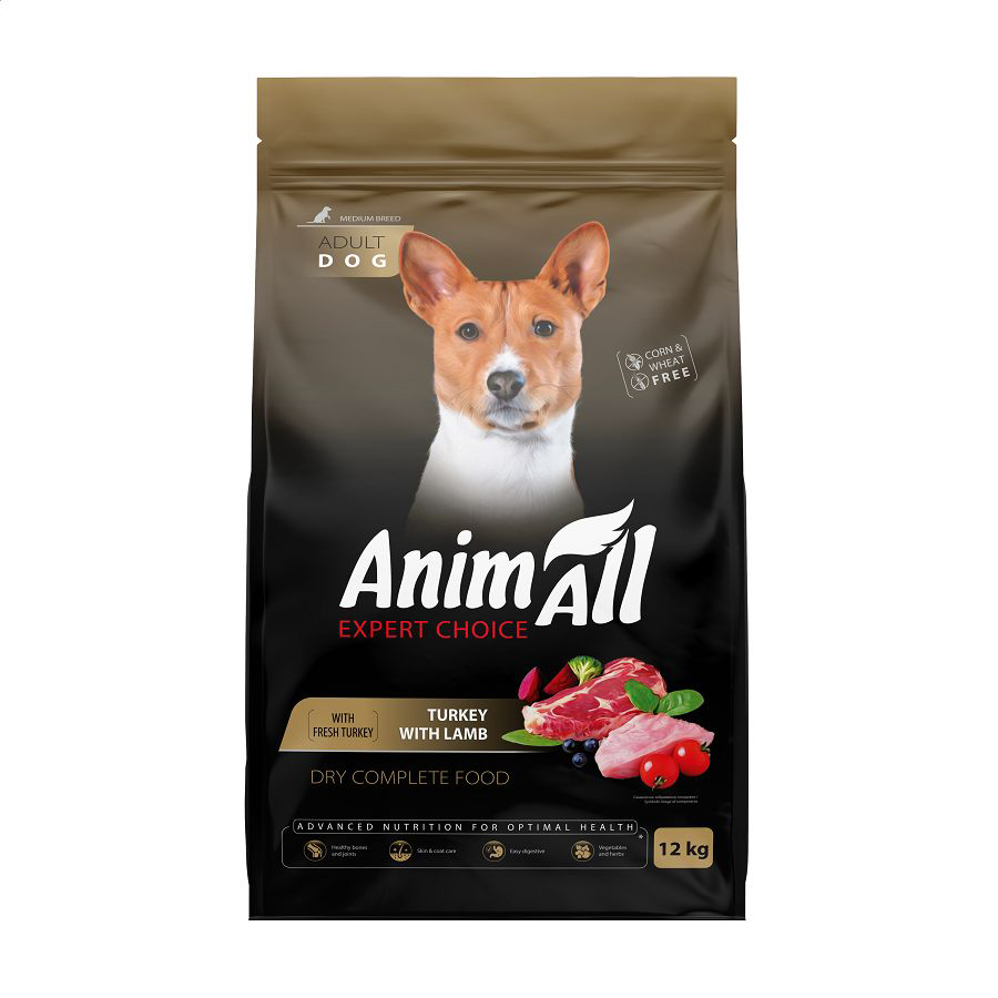 Уцінка! Сухий корм для дорослих собак середніх порід AnimAll зі свіжою індичкою та ягням, 12 кг