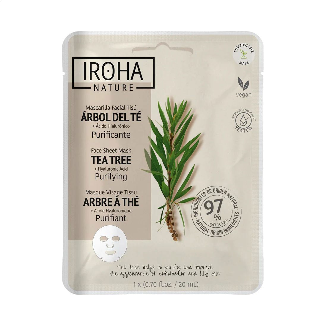 Уцінка! Тканинна маска для обличчя Iroha Nature Purifying Tea Tree + Hyaluronic Acid Sheet Mask, 20 мл