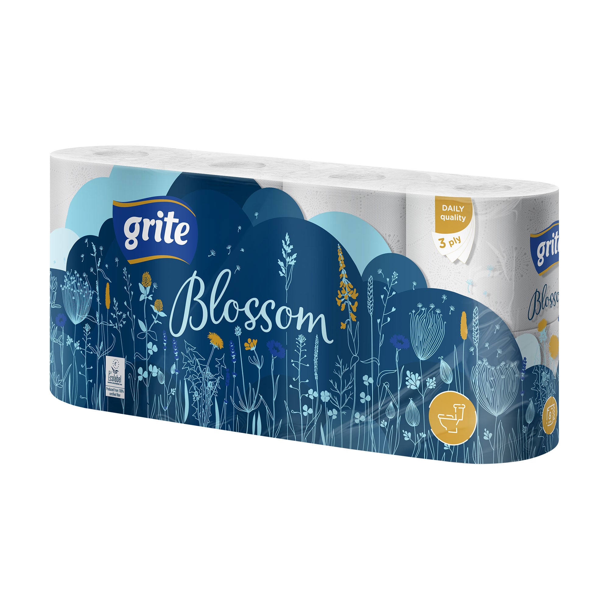 Уцінка! Туалетний папір Grite Blossom білий, 3-шаровий, 150 відривів, 8 рулонів