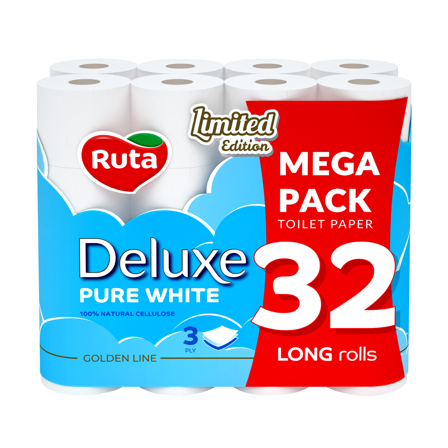 Уцінка! Туалетний папір RUTA Deluxe Pure White білий, 3-шаровий, 32 рулони