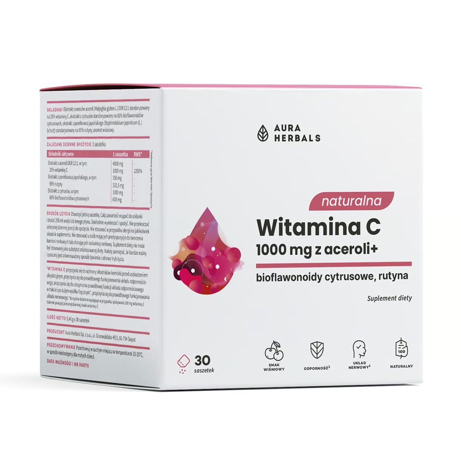 Уцінка! Вітамін С Aura Herbals Natural Vitamin C 1000 мг From Acerola, в порошку, 30 шт