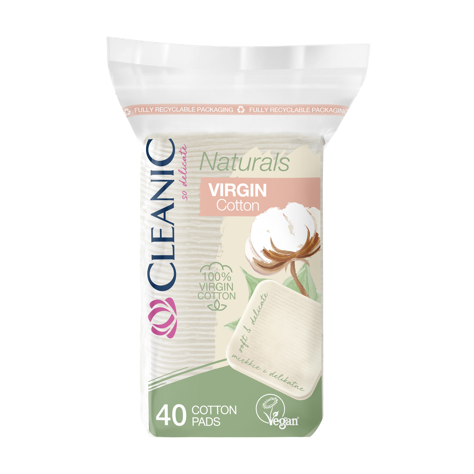 Ватні диски Cleanic Naturals Virgin Cotton квадратні, 40 шт