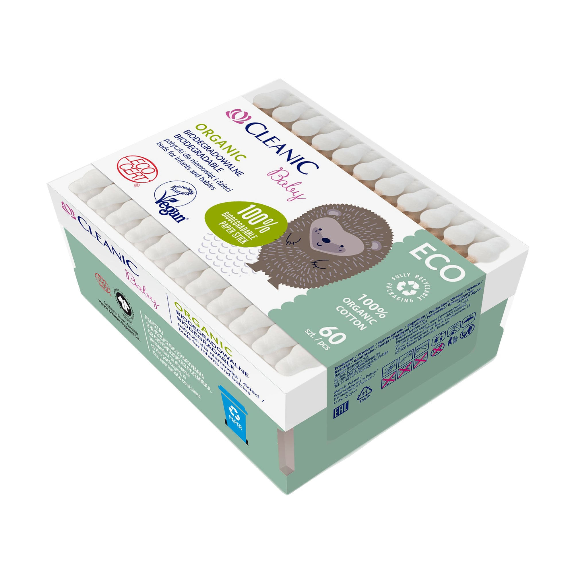 Ватяні палички Cleanic Baby Eco з обмежувачем, 60 шт