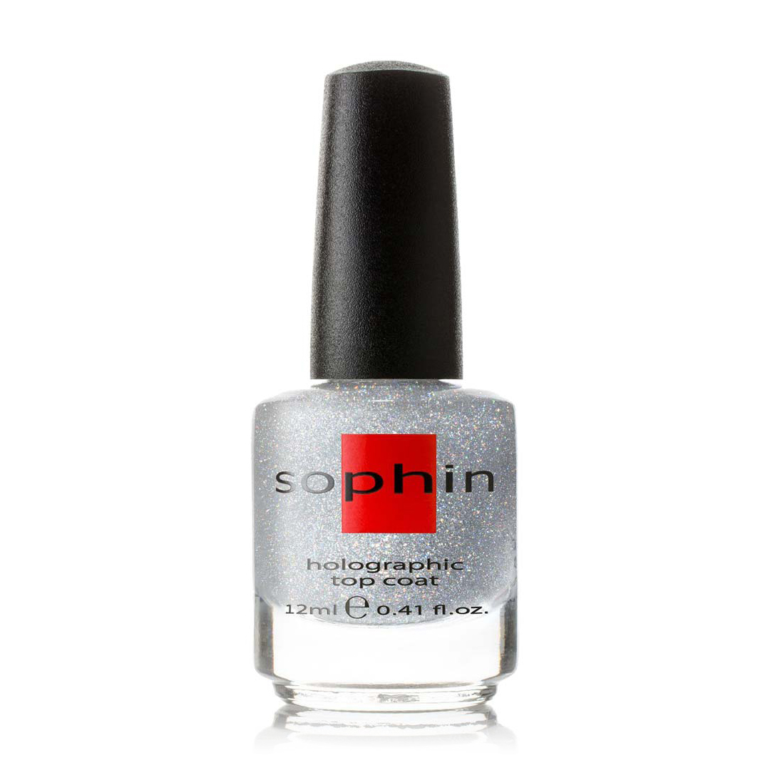 Верхнє покриття для лаку Sophin Top Coat Holographic Silver з голографічними частками, срібло, 12 мл