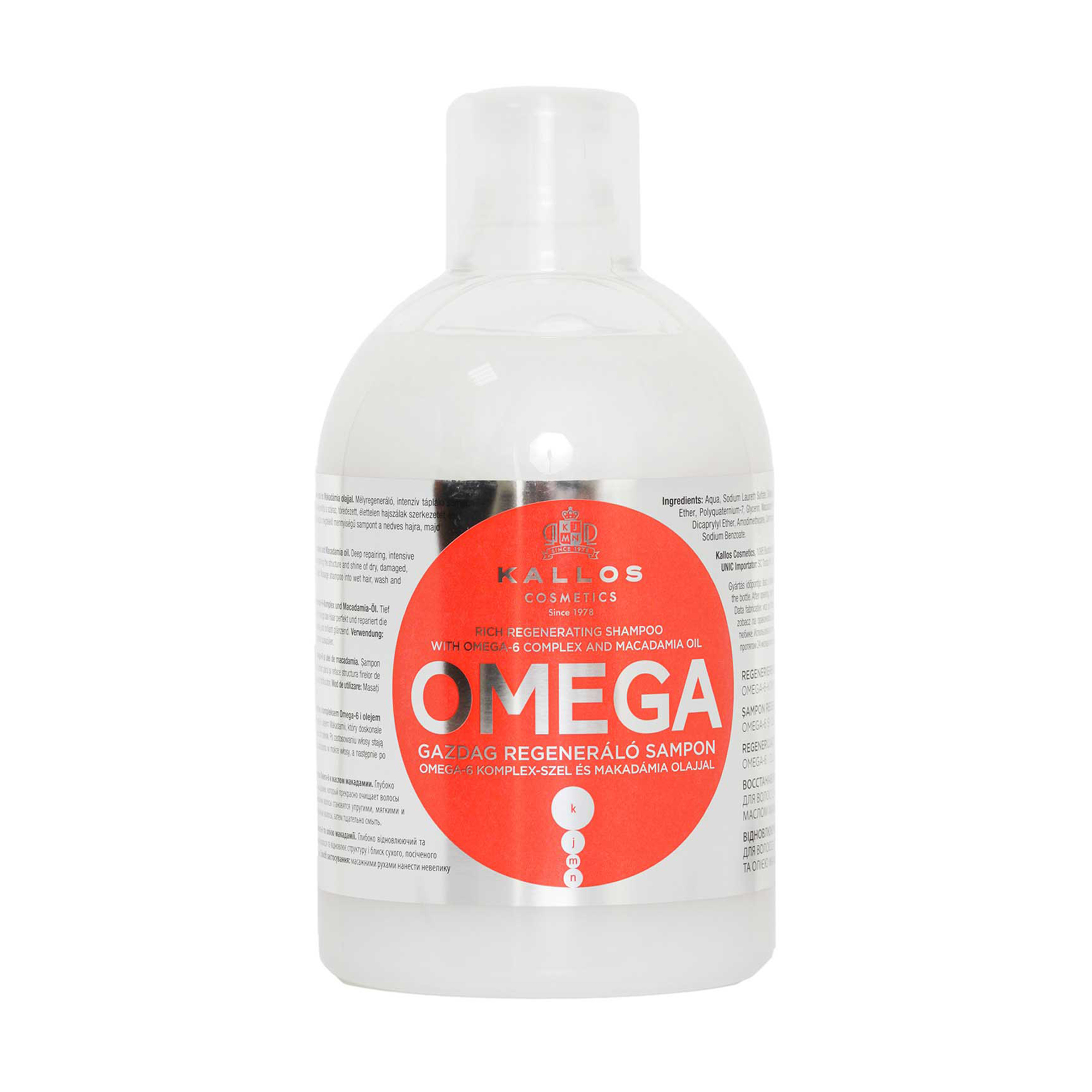 Відновлювальний шампунь для волосся Kallos Cosmetics Omega Hair Shampoo з комплексом Омега-6 і олією макадамії, 1 л