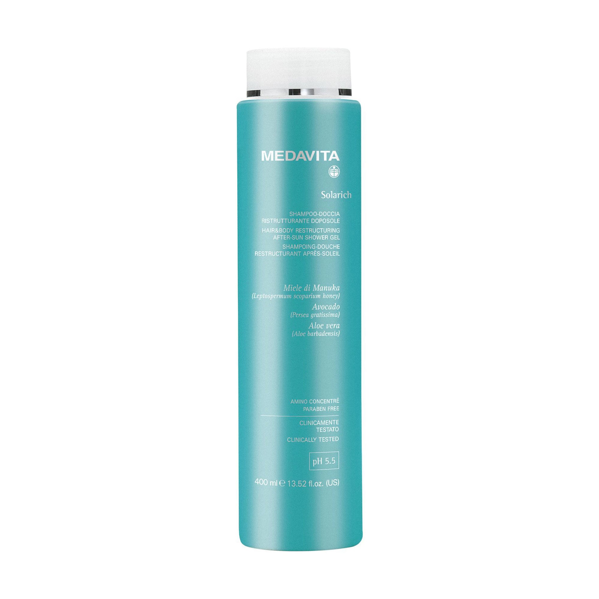 Відновлювальний шампунь-гель для душу Medavita Solarich Hair &amp; Body Restructuring After-Sun Shower Gel Після сонця, 400 мл