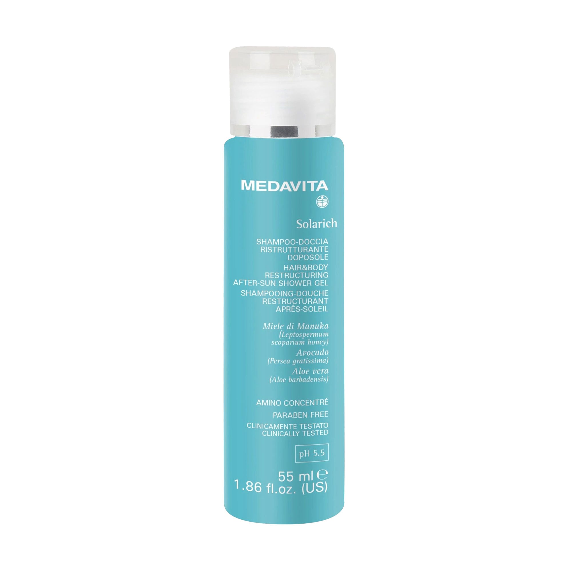 Відновлювальний шампунь-гель для душу Medavita Solarich Hair &amp; Body Restructuring After-Sun Shower Gel Після сонця, 55 мл