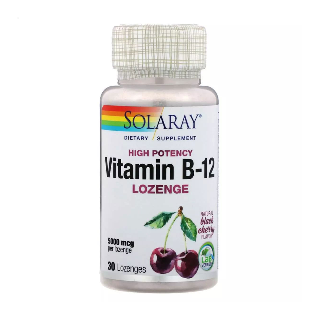 Вітамін B12 Solaray Vitamin B-12 Lozenges Natural Cherry Flavor зі смаком натуральної чорної вишні 5000 мкг, 30 льодяників