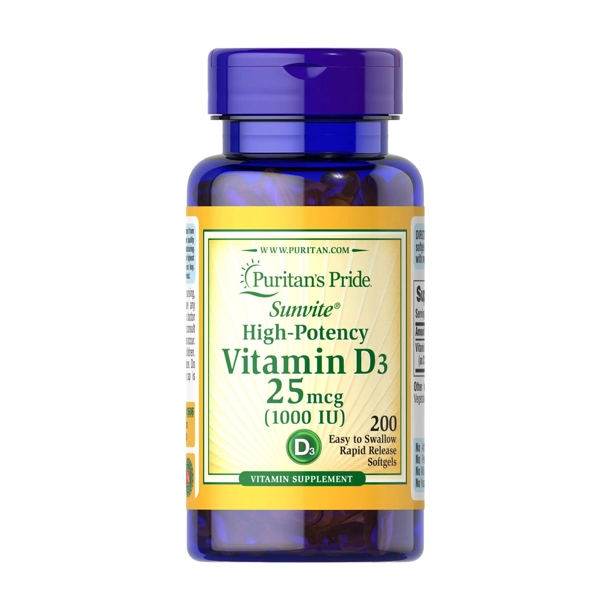 Вітамін Д3 Puritan's Pride Vitamin D3 High Potency, 25 мкг, 200 гелевих капсул