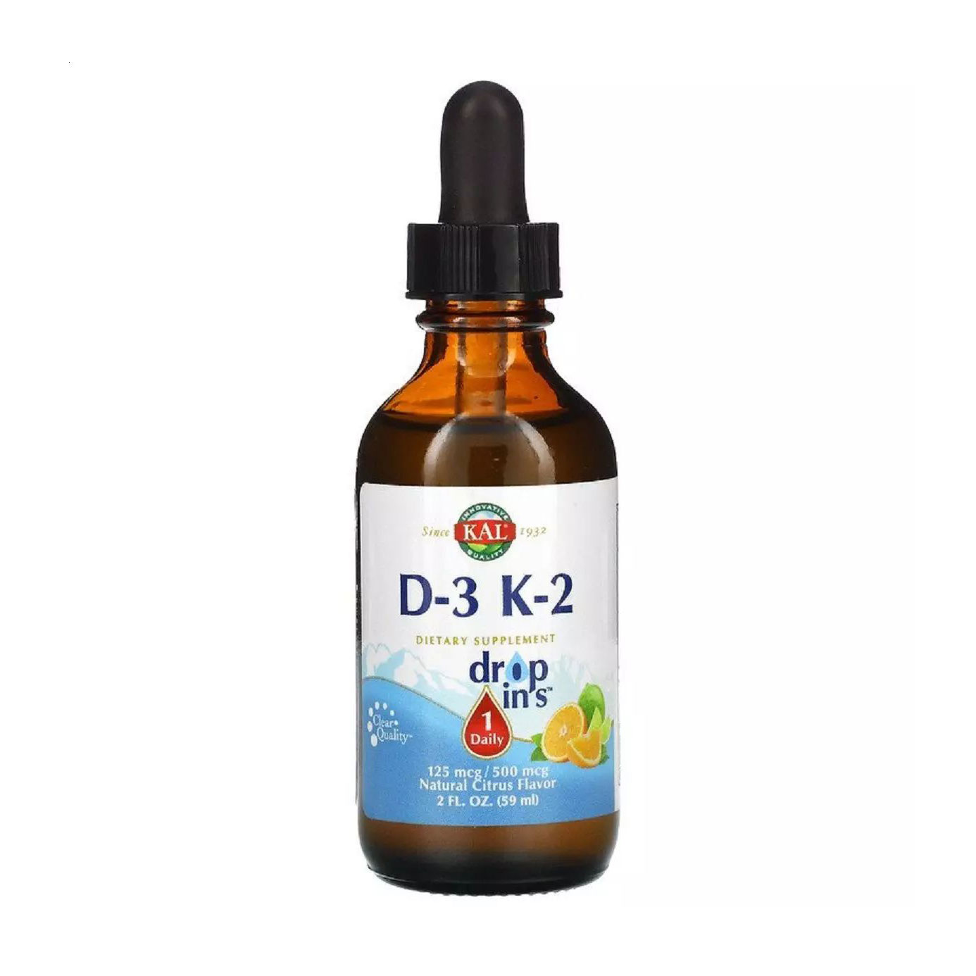 Вітамін Д3 та K2 KAL Vitamin D3 125 mcg + K2 500 mcg, цитрусовий смак, у краплях, 59 мл