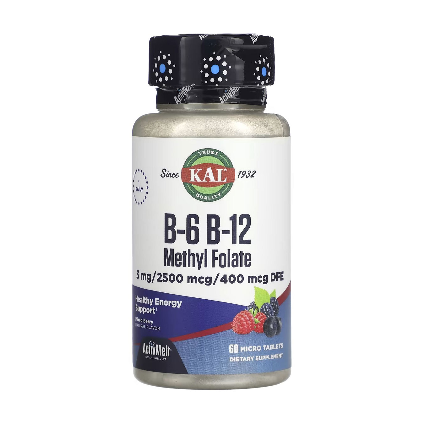Вітаміни B6 і B12 та метилфолат KAL B6 B12 Methyl Folate зі смаком ягід, 60 мікротаблеток