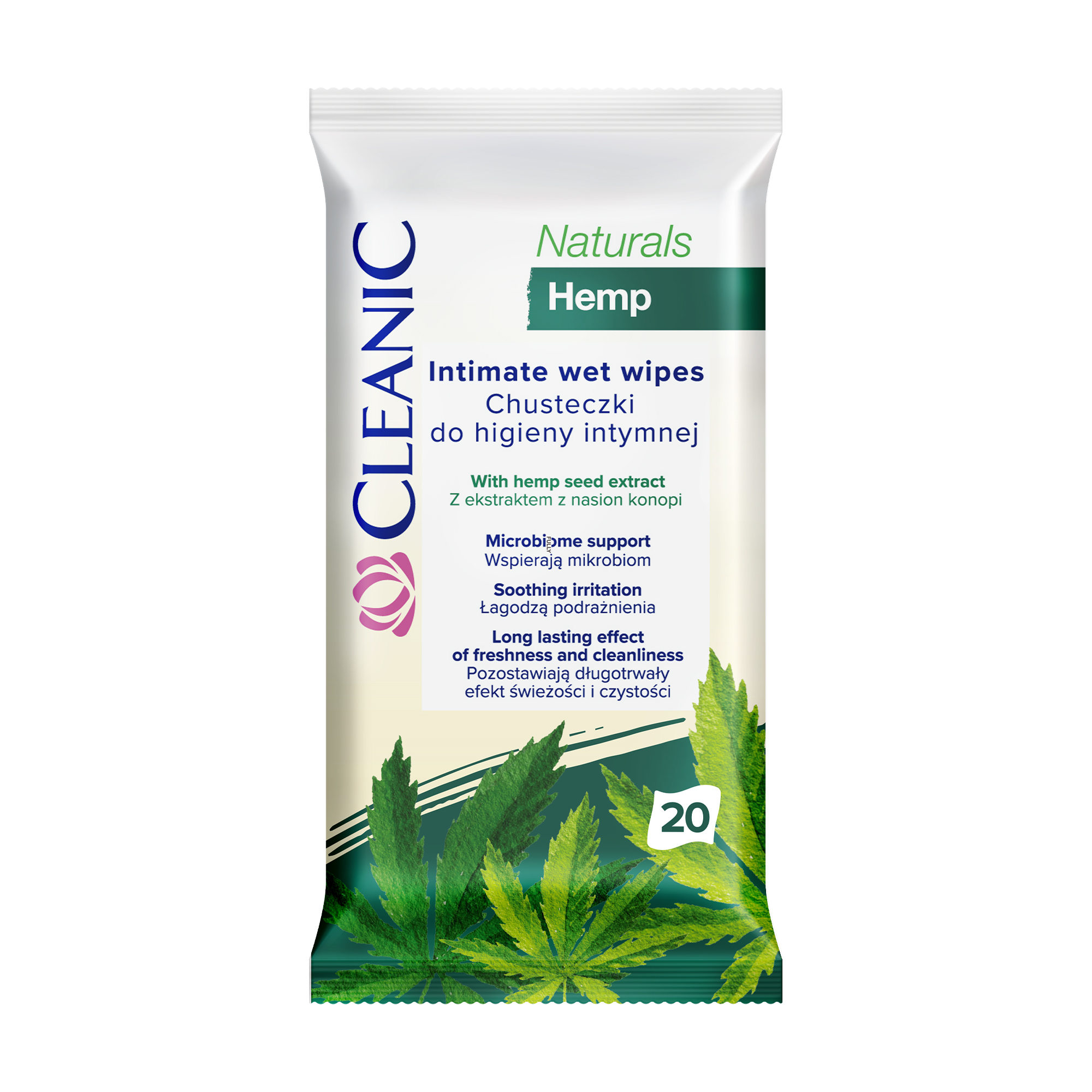 Вологі серветки для інтимної гігієни Cleanic Naturals Hemp Intimate Wet Wipes, 20 шт