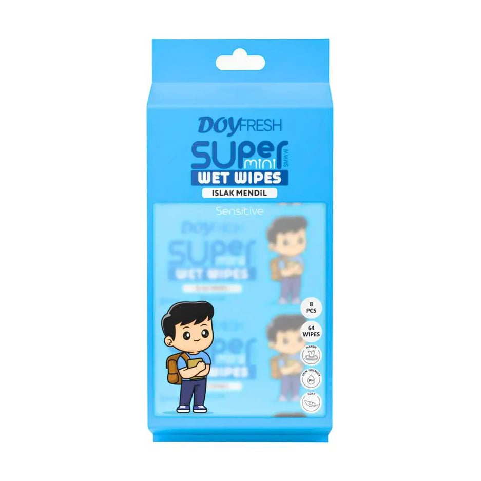 Вологі серветки для хлопчиків Doyfresh Sensetive Super Mini Wet Wipes Блакитні, 8*8 шт