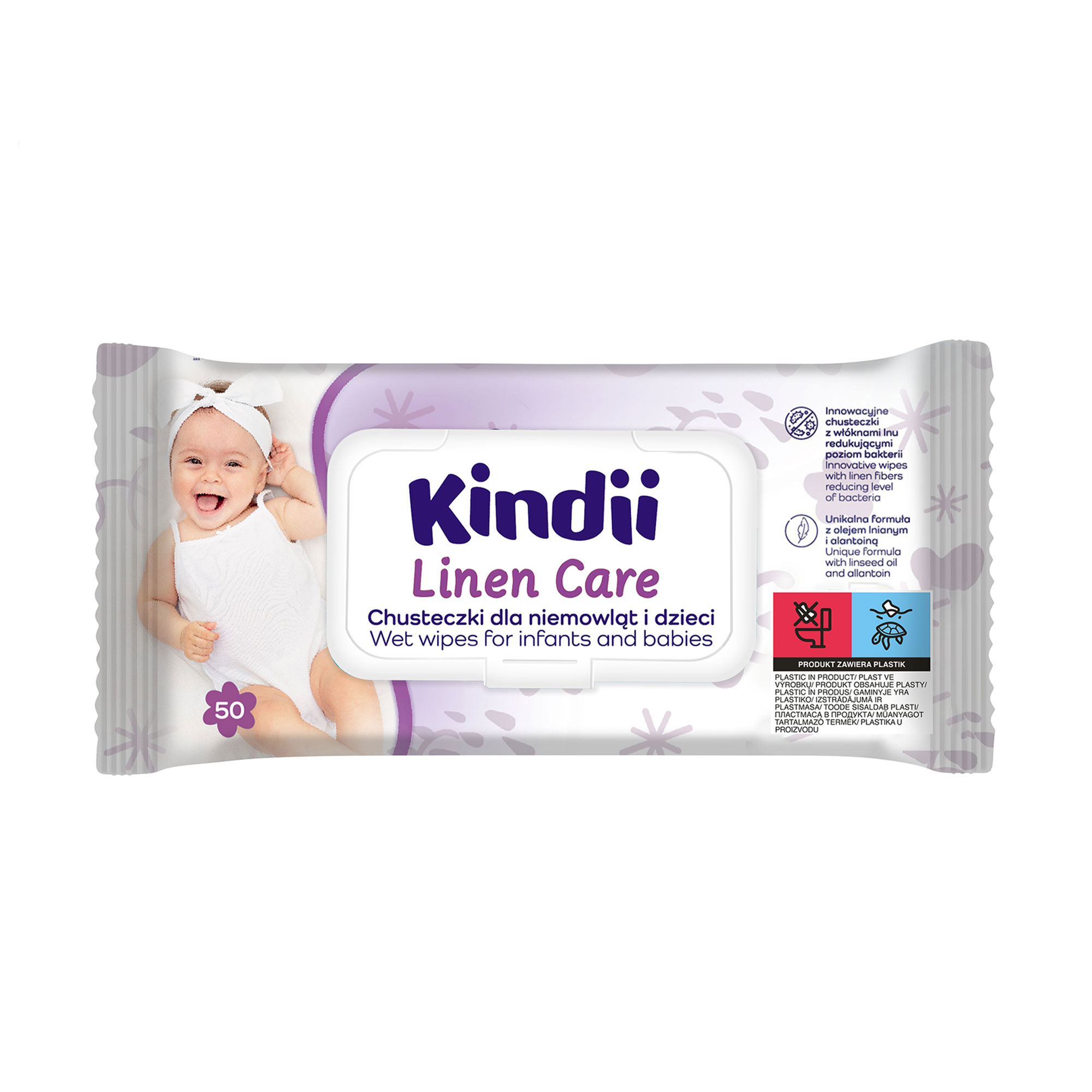 Вологі серветки для немовлят і дітей Kindii Linen Care з клапаном, 50 шт