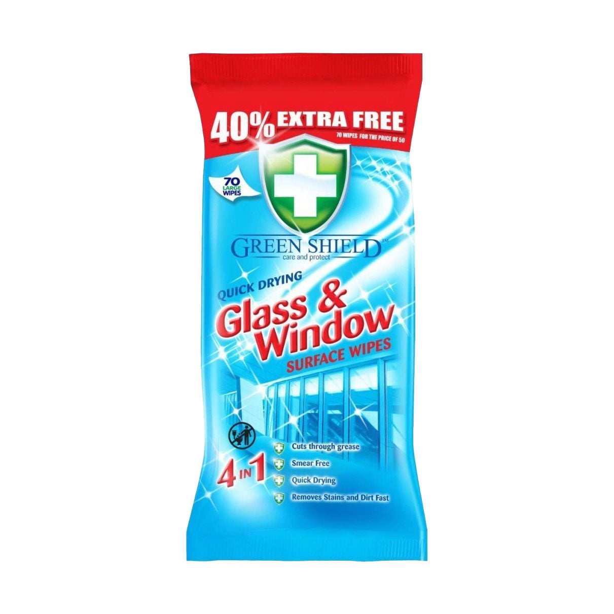 Вологі серветки для очищення скла та дзеркал Green Shield Quick Drying Glass &amp; Window Surface Wipes, 70 шт