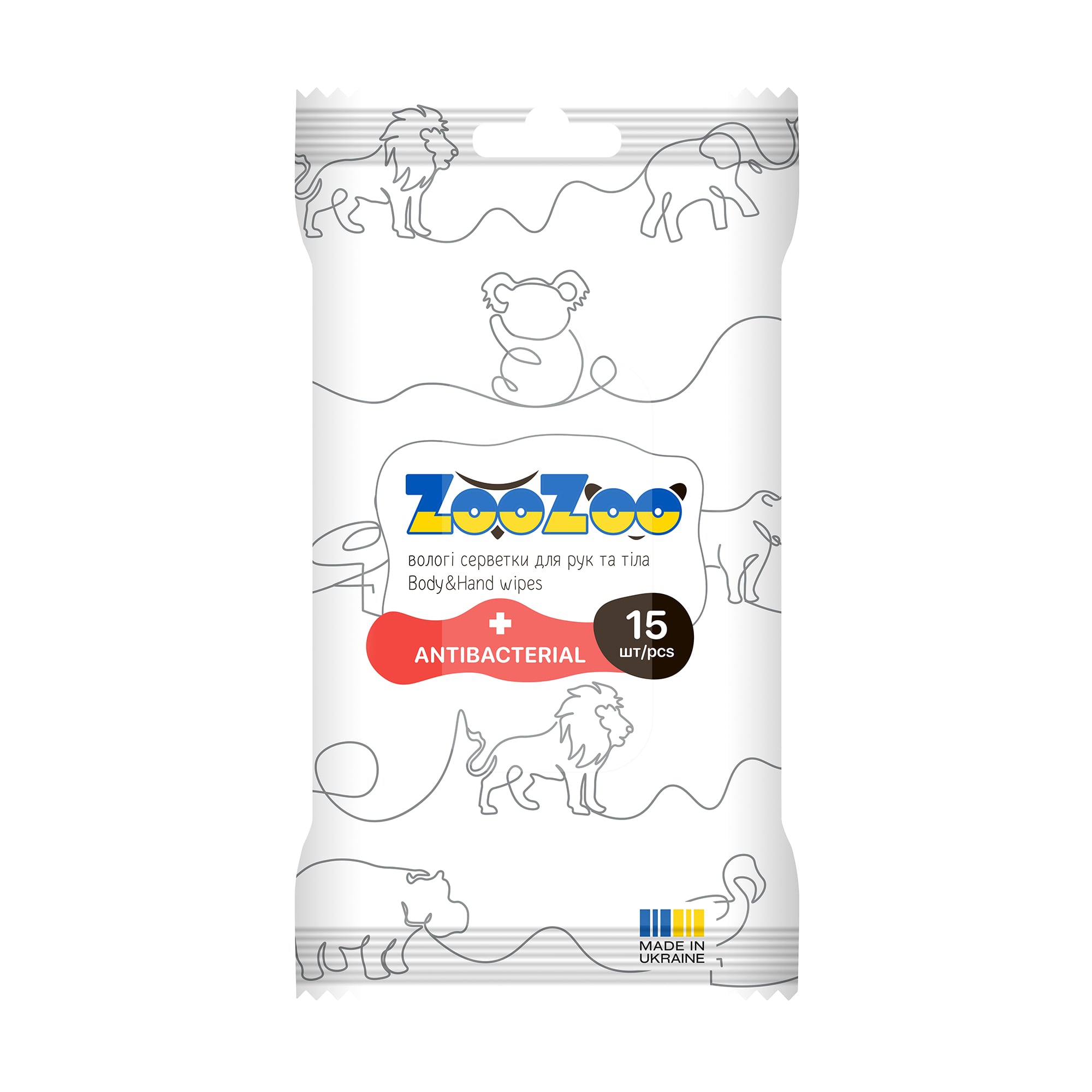 Вологі серветки для рук та тіла ZooZoo Antibacterial Body &amp; Hand Wipes, 15 шт