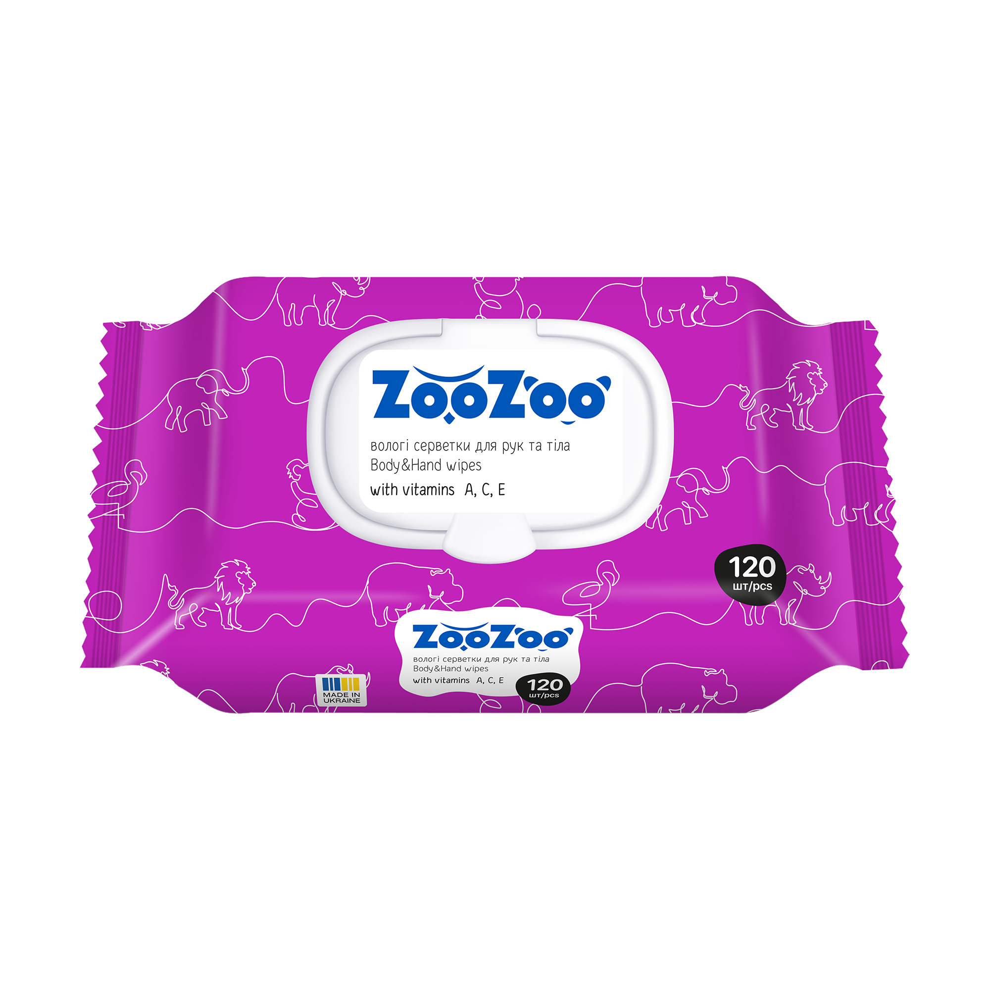 Вологі серветки для рук та тіла ZooZoo Body &amp; Hand Wipes з вітамінами A, C, E, 120 шт