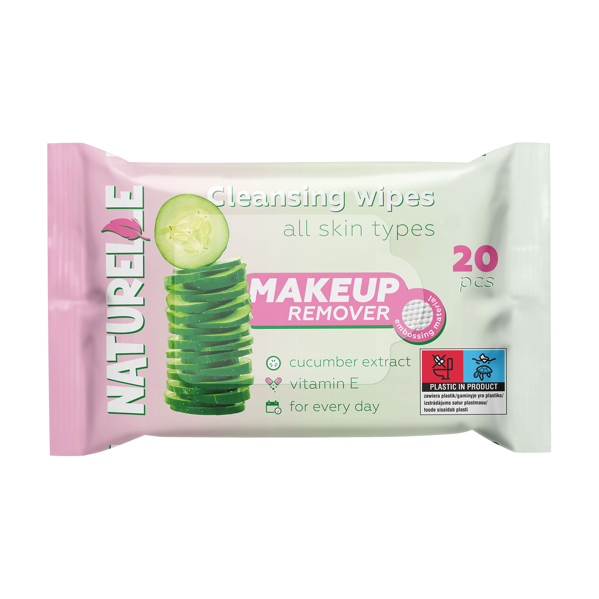 Вологі серветки для зняття макіяжу Naturelle Makeup Remover з міцелярною водою та екстрактом огірка, 20 шт