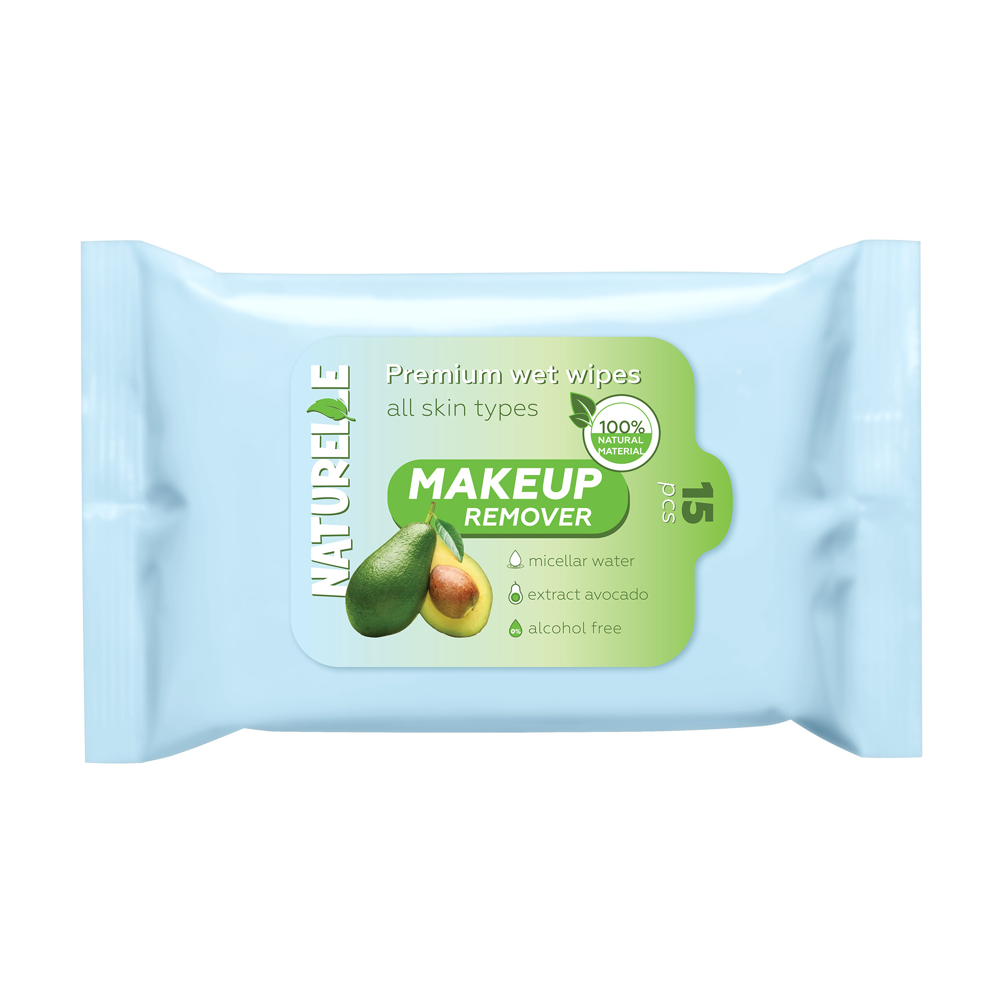 Вологі серветки для зняття макіяжу Naturelle Makeup Remover з міцелярною водою та екстрактом авокадо, 15 шт