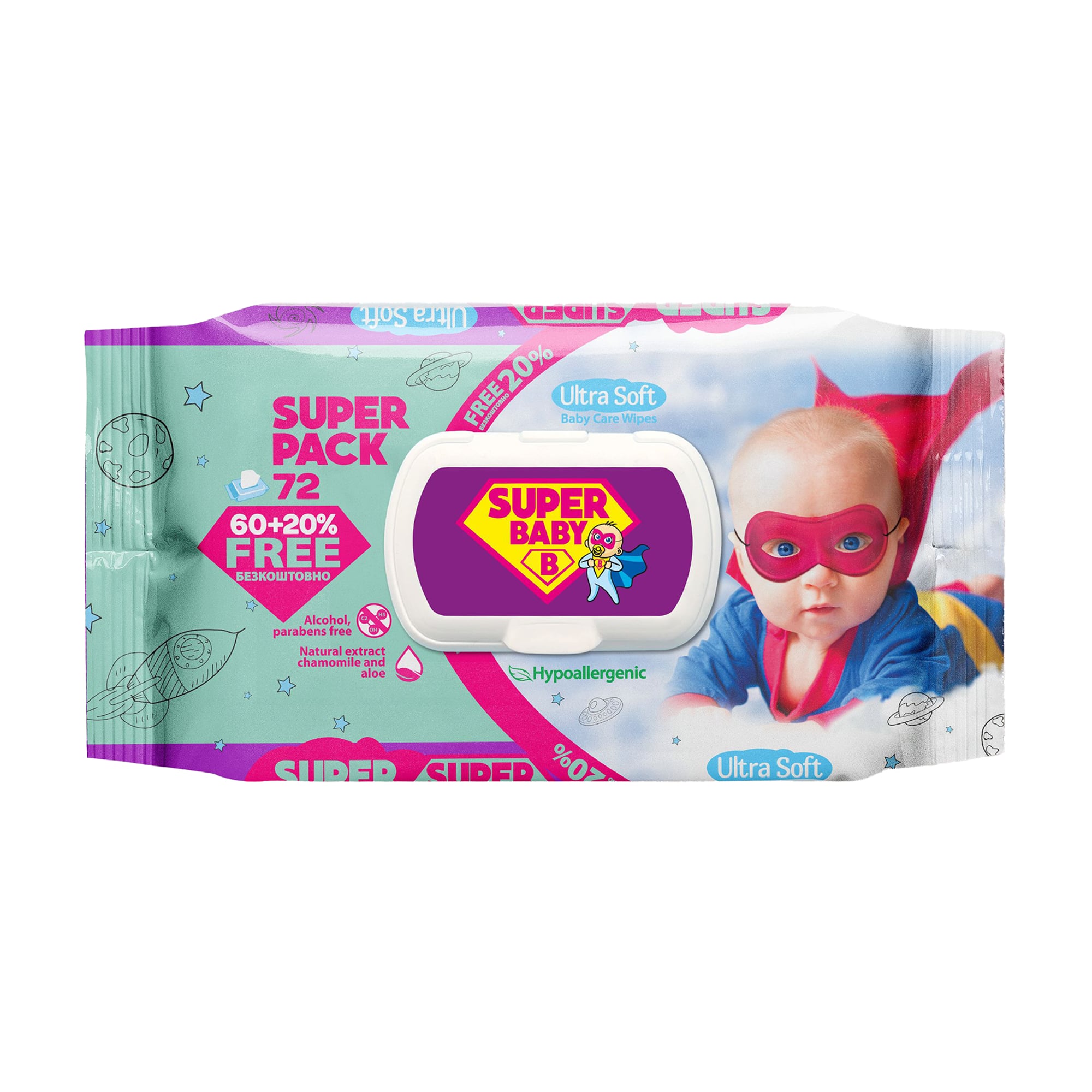 Вологі серветки Naturelle Super Baby Super Pack Ultra Soft Baby Care Wipes хлопчик, з клапаном, з ромашкою та алое вера, 72 шт