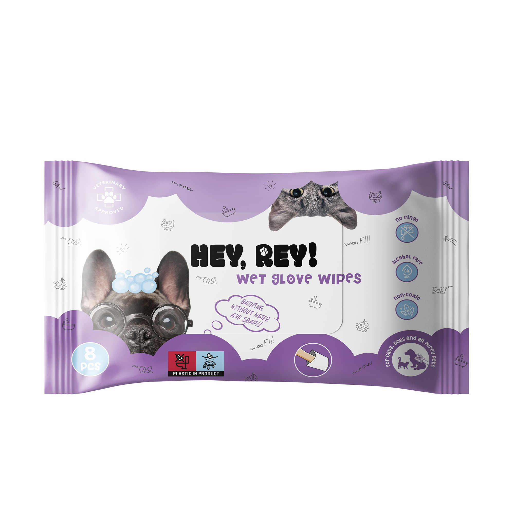 Вологі серветки-рукавички для тварин Hey, Rey! Wet Glove Wipes, 8 шт