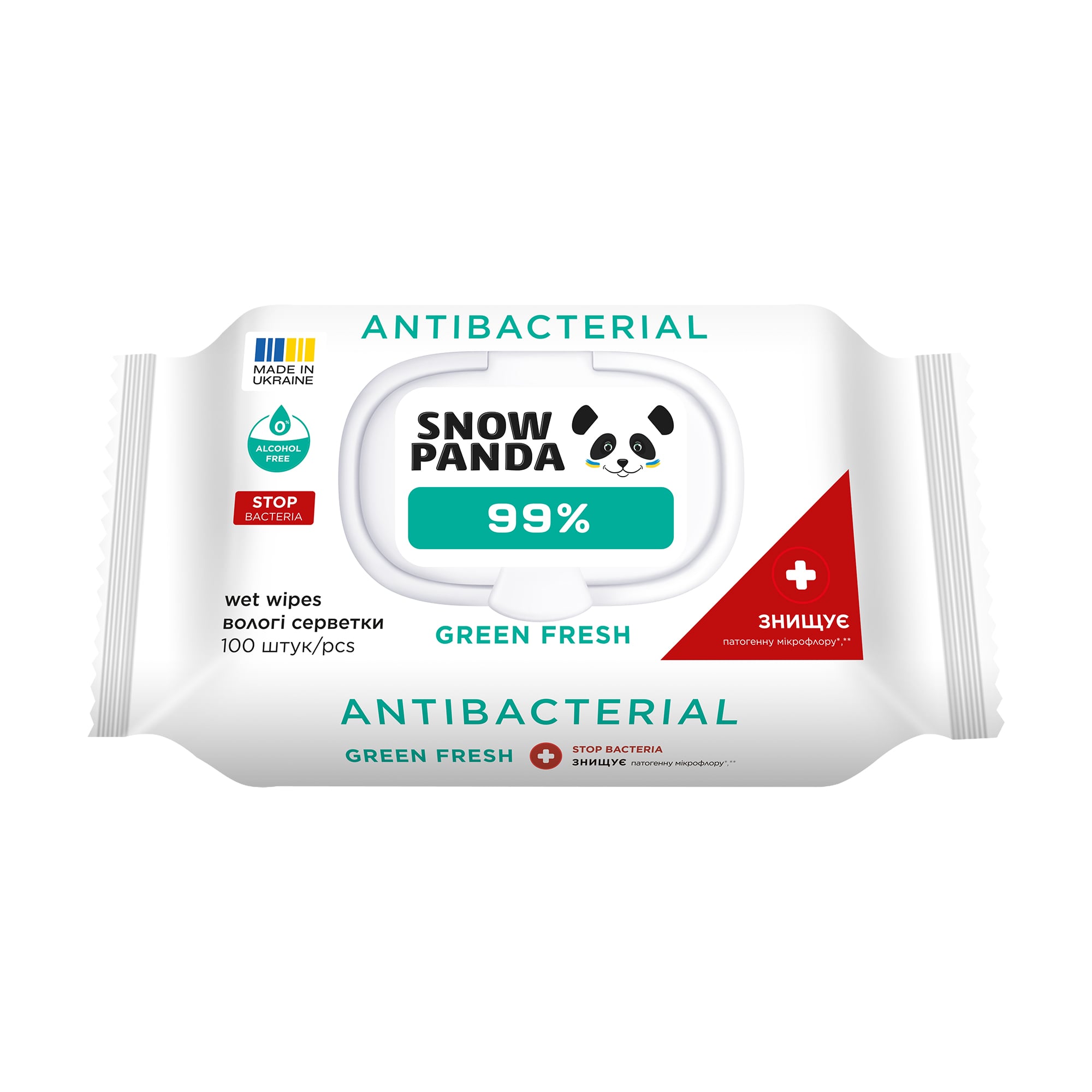 Вологі серветки Сніжна Панда Antibacterial 99% Wet Wipes, Green Fresh, 100 шт