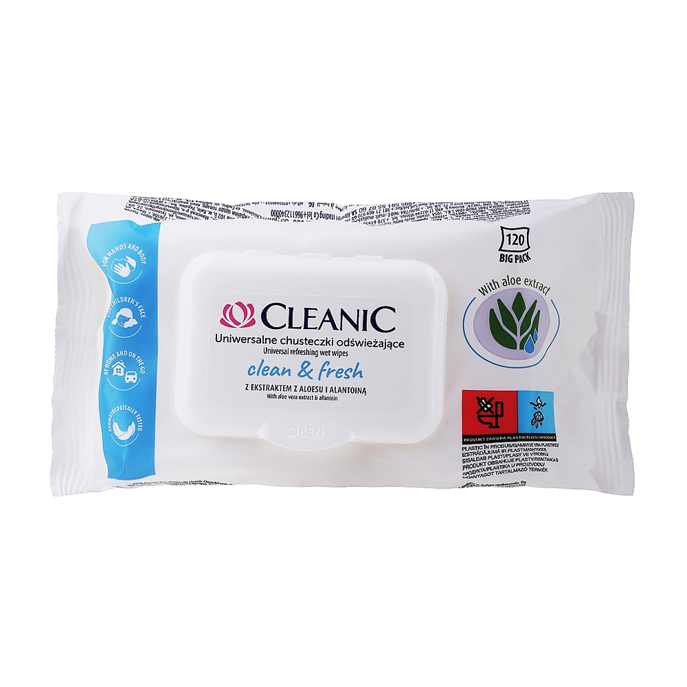 Вологі універсальні освіжальні серветки для рук і тіла Cleanic Clean &amp; Fresh, 120 шт