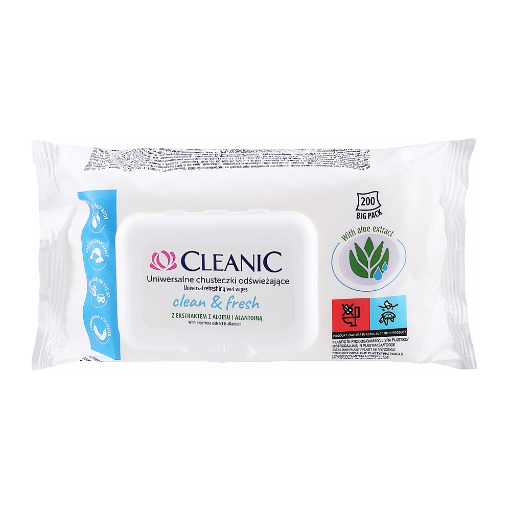 Вологі універсальні освіжальні серветки для рук і тіла Cleanic Clean &amp; Fresh, 200 шт