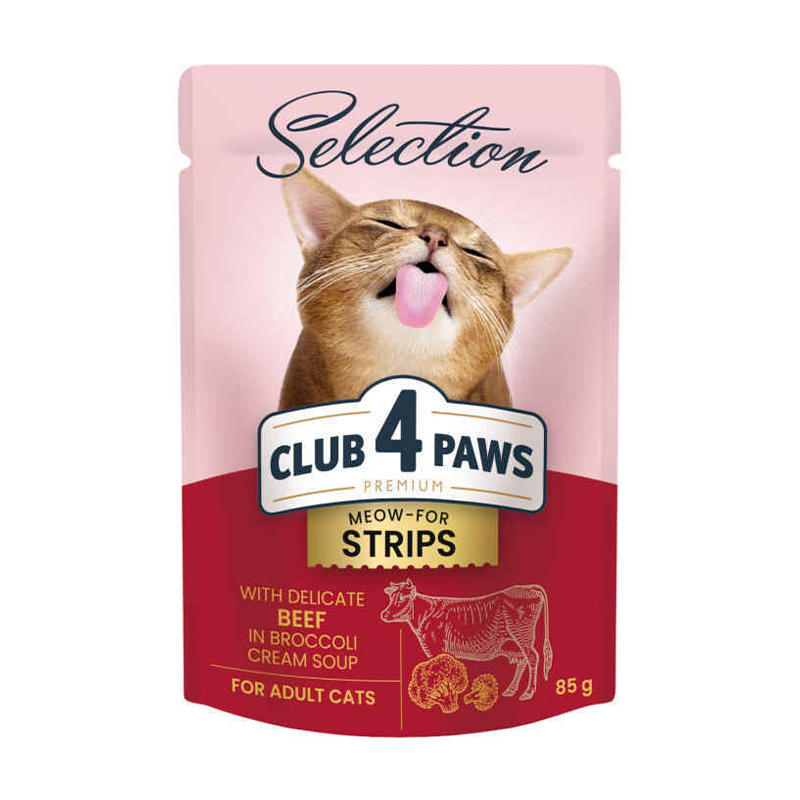 Вологий корм для дорослих кішок Club 4 Paws Meow-For Strips, з яловичиною в крем-супі з броколі, 85 г