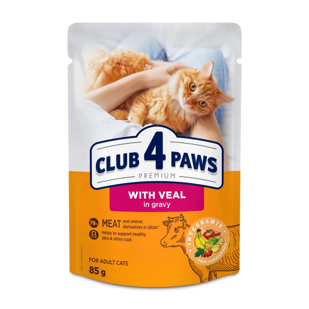 Вологий корм для дорослих кішок Club 4 Paws Premium з телятиною в соусі, 85 г