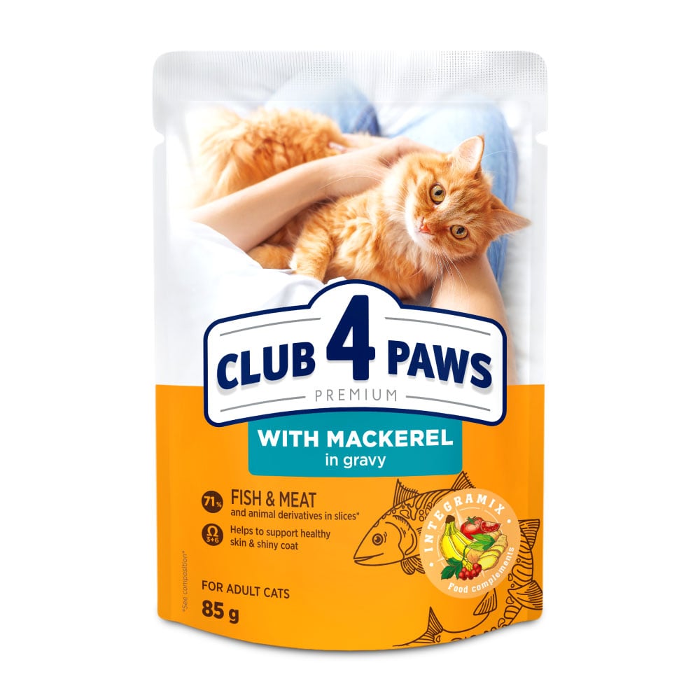 Вологий корм для дорослих кішок Club 4 Paws Premium з макреллю в соусі, 85 г