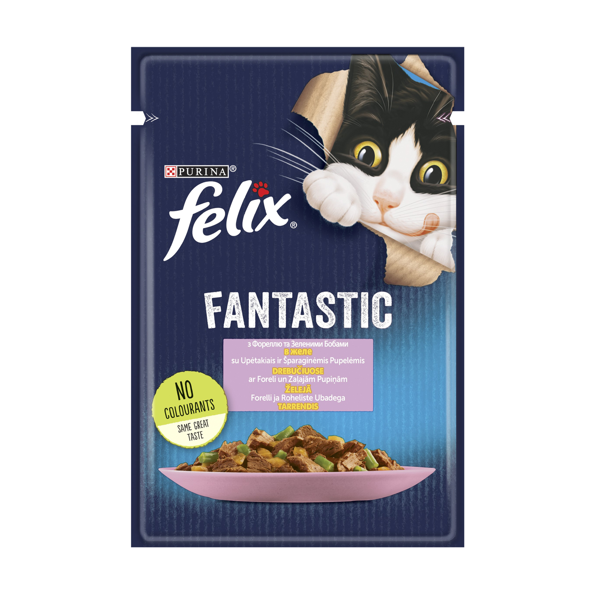 Вологий корм для дорослих кішок Felix Fantastic з фореллю та зеленими бобами, шматочки в желе, 85 г