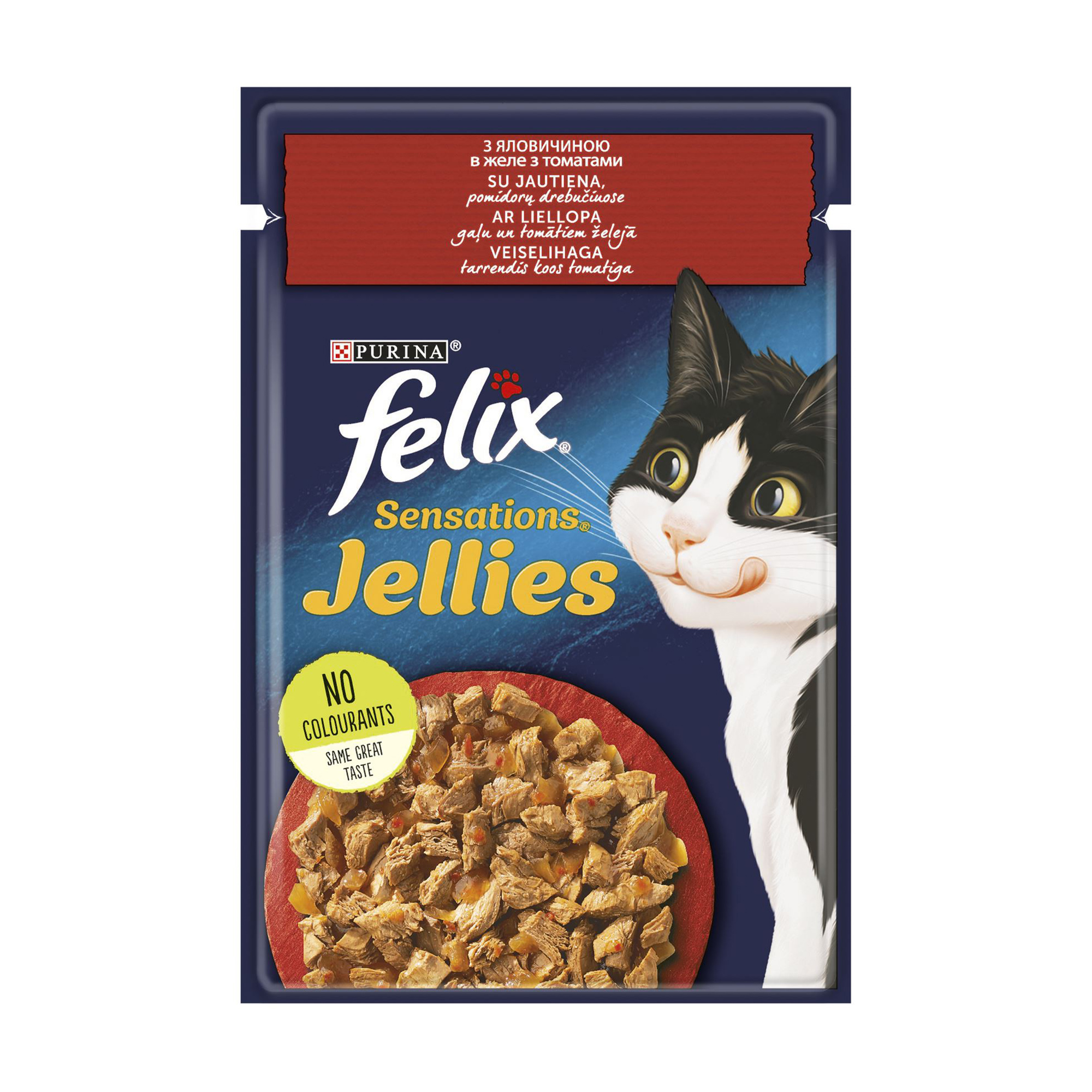 Вологий корм для дорослих кішок Felix Sensations Jellies з яловичиною та томатами, шматочки в желе, 85 г