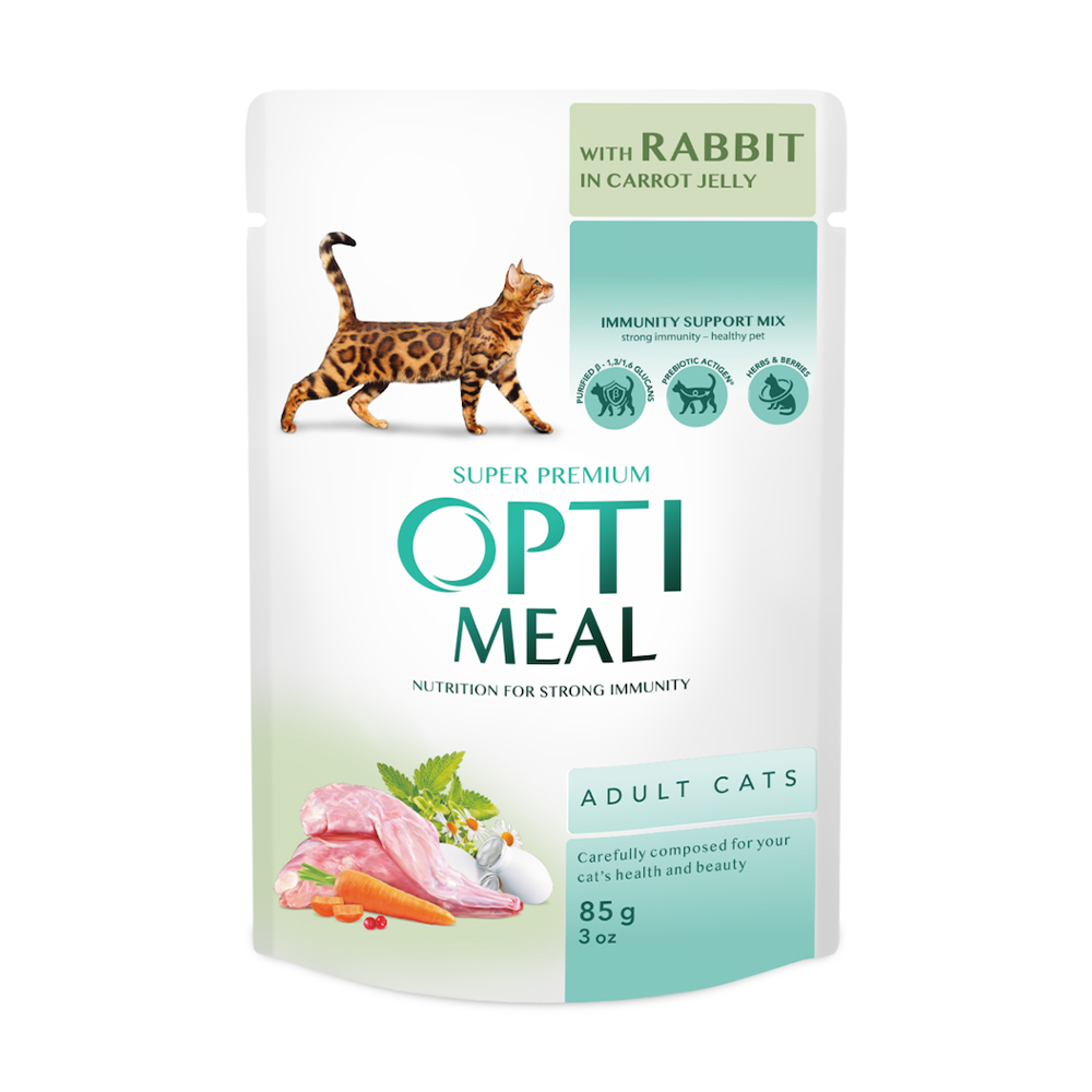 Вологий корм для дорослих кішок Optimeal Super Premium, з кроликом у морквяному желе, 85 г