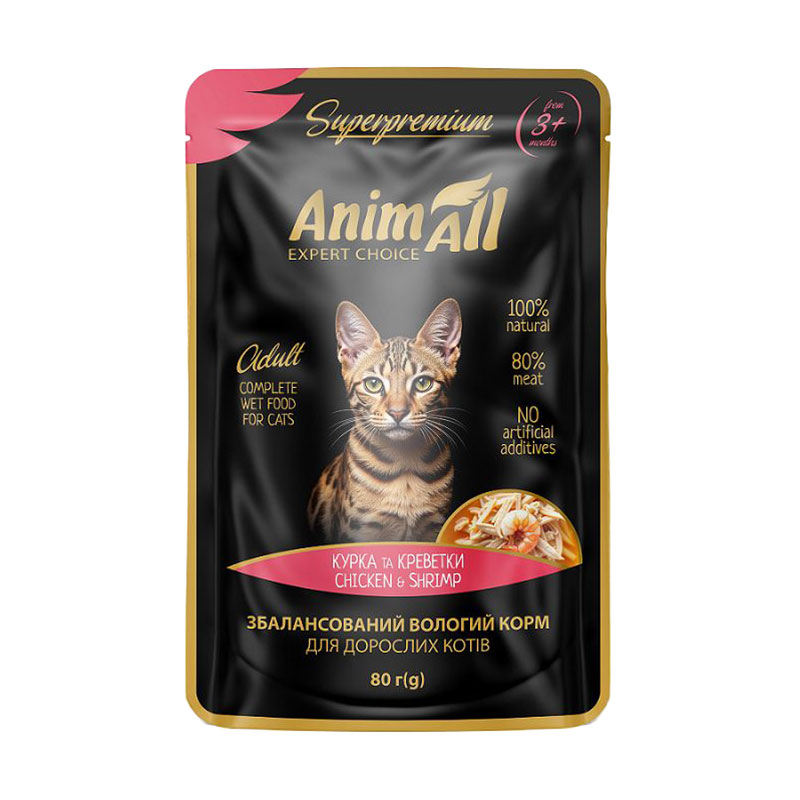 Вологий корм для дорослих котів AnimAll Superpremium Курка з креветками, 80 г (пауч)