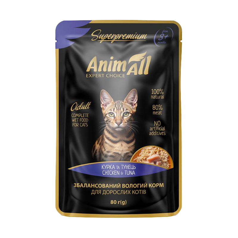 Вологий корм для дорослих котів AnimAll Superpremium Тунець з куркою, 80 г (пауч)