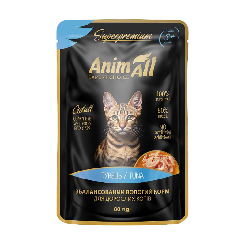Вологий корм для дорослих котів AnimAll Superpremium Тунець, 80 г (пауч)