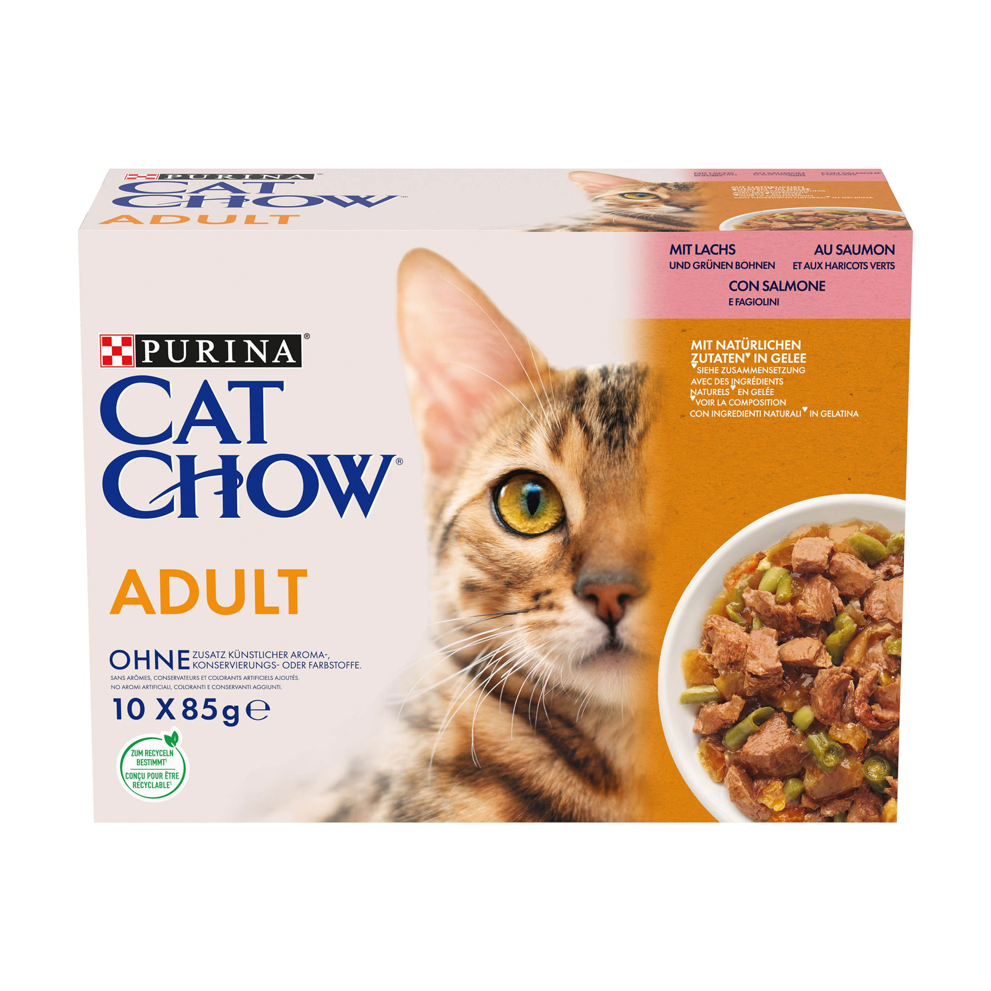 Вологий корм для дорослих котів Cat Chow Adult з лососем та зеленою квасолею, 10*85 г