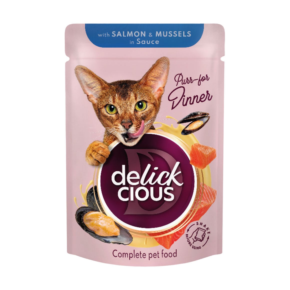Вологий корм для дорослих котів Delickcious Шматочки з лососем та мідіями в соусі, 85 г