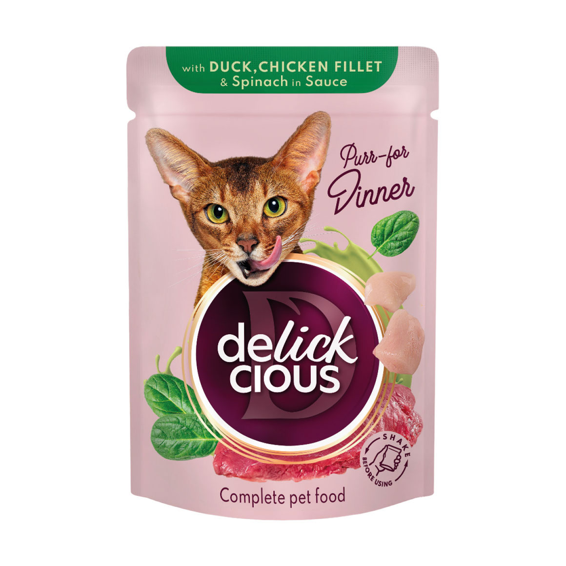 Вологий корм для дорослих котів Delickcious Шматочки з качкою, курячим філе та шпинатом в соусі, 85 г
