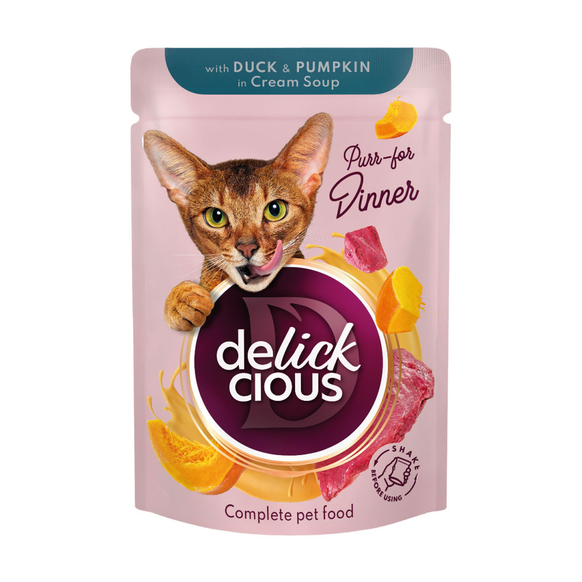 Вологий корм для дорослих котів Delickcious Смужки з качкою та гарбузом в крем супі, 85 г