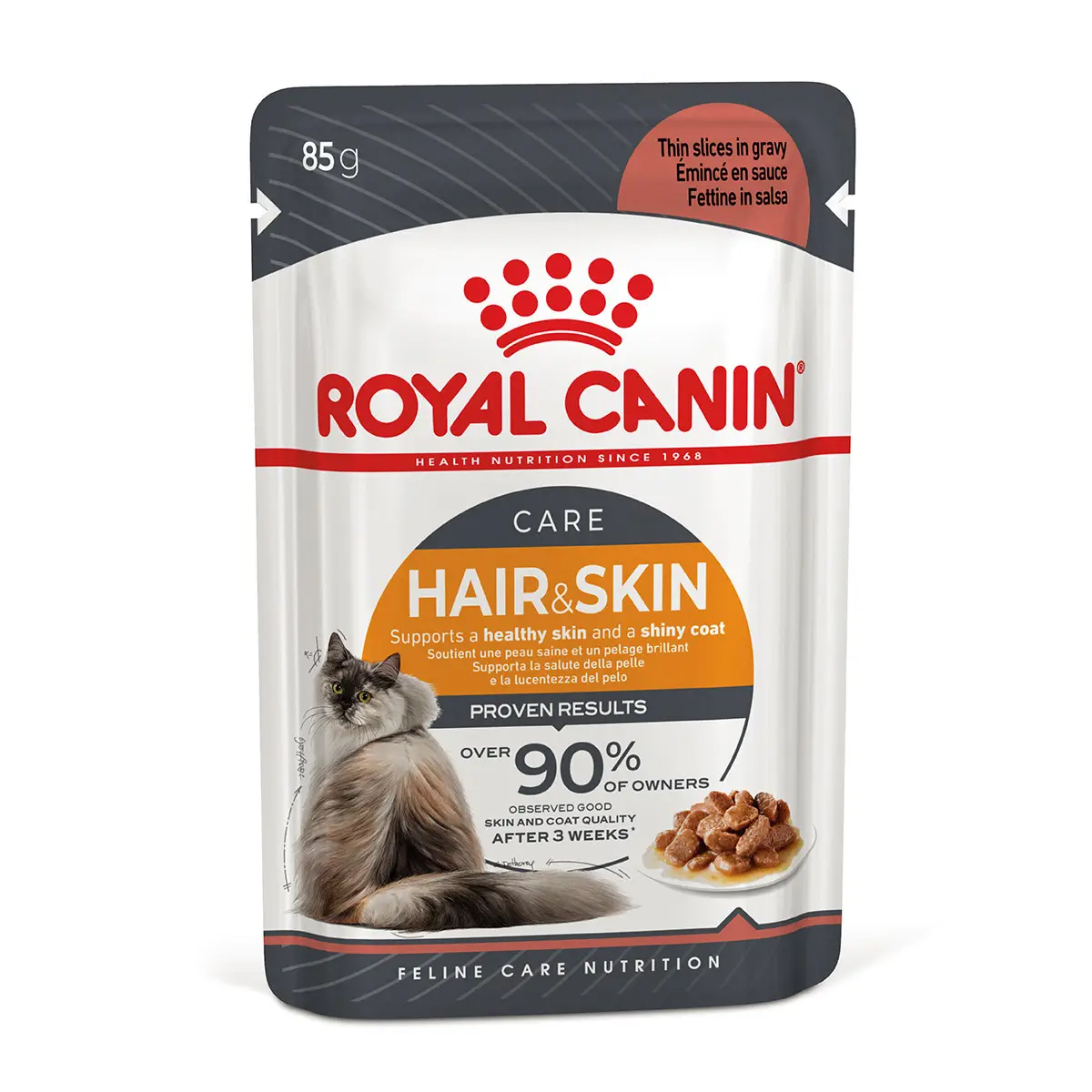 Вологий корм для дорослих котів Royal Canin Hair &amp; Skin Care шматочки в соусі, для підтримки здоров`я шкіри та шерсті, 85 г (40710010)