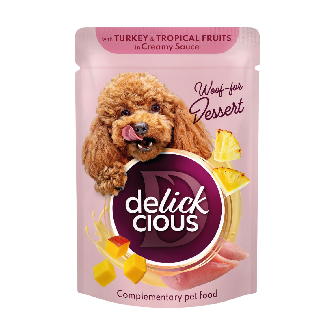 Вологий корм для дорослих собак Delickcious Пластівці з індичкою та тропічними фруктами у вершковому соусі, 80 г