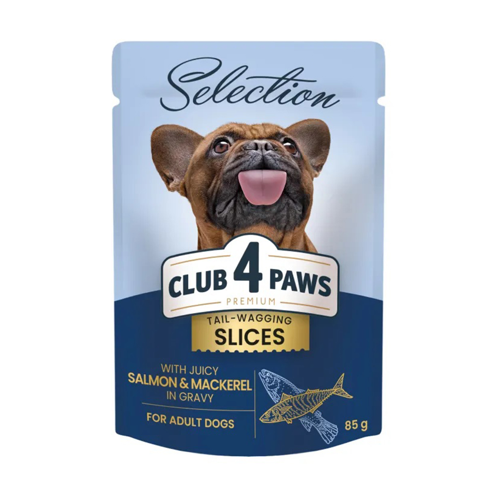 Вологий корм для дорослих собак малих порід Club 4 Paws Tail-Wagging Slices, з лососем та макрелью в соусі, 85 г