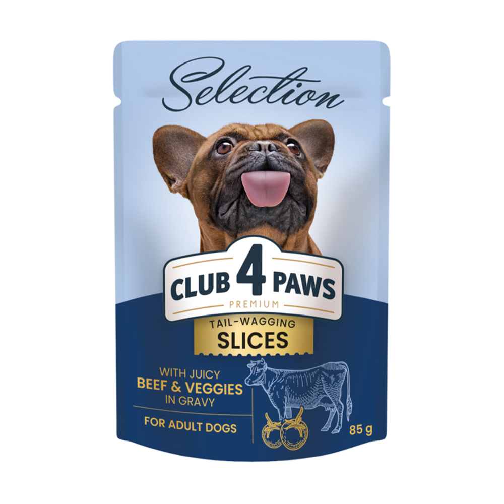 Вологий корм для дорослих собак малих порід Club 4 Paws Tail-Wagging Slices, з яловичиною та овочами в соусі, 85 г